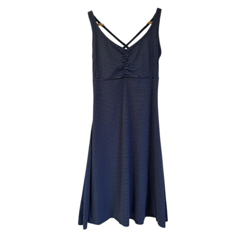 Prana Dress Women's Blue Striped Sleeveless Criss Cross‎ Back Midi - Small